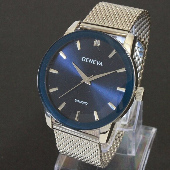 Geneva Men's Dress Watch Diamond At 12 Blue Dial Milanese Bracelet 42mm - Picture 4 of 13